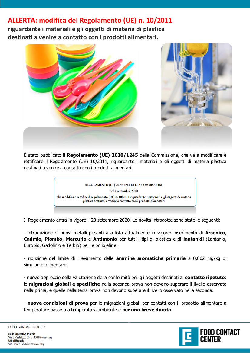 Modifica Reg. UE n. 10/2011 riguardante i materiali e gli oggetti di materia plastica destinati al contatto alimentare